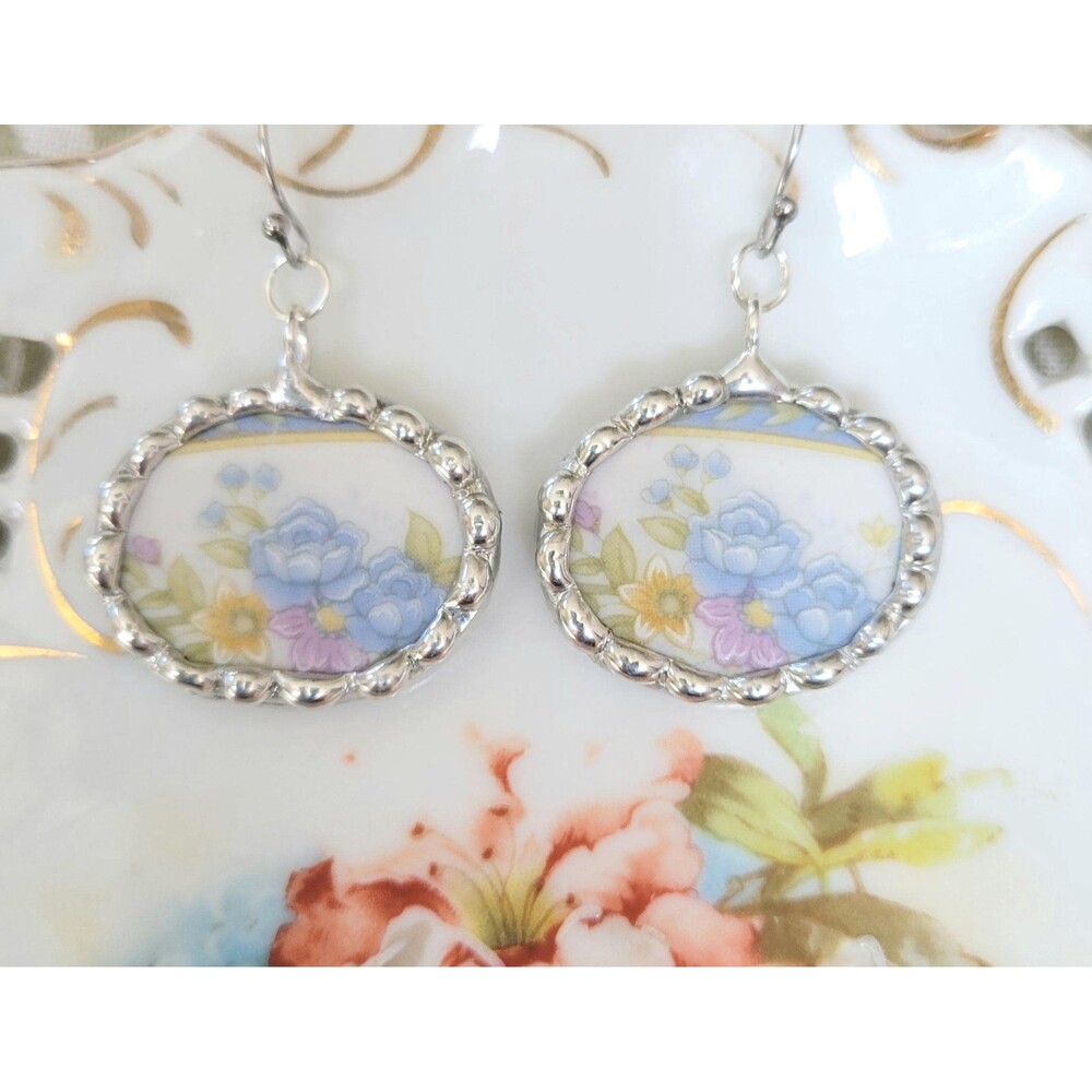 Upcycled Broken China Blue Rose Floral Soldered Earrings